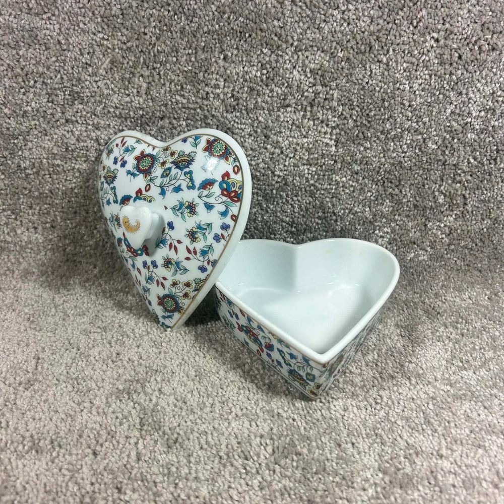 Heart Shape Trinket Box Floral Paisley Vintage Porcelain